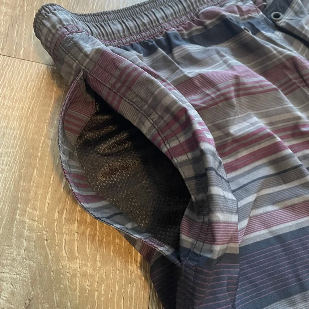 Kirkland Signature Mens Swim Trunks Size Large Purple Grey Striped Board Shorts